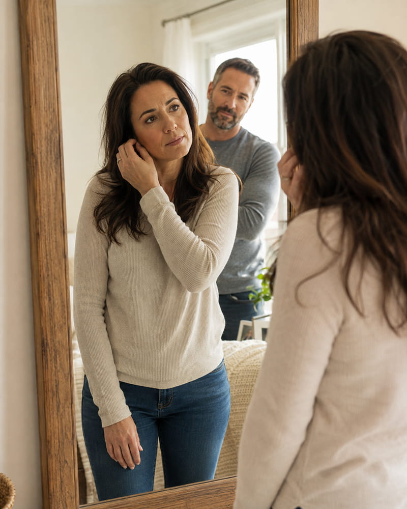 Woman looking uncertain about her appearance while her husband notices and pays attention