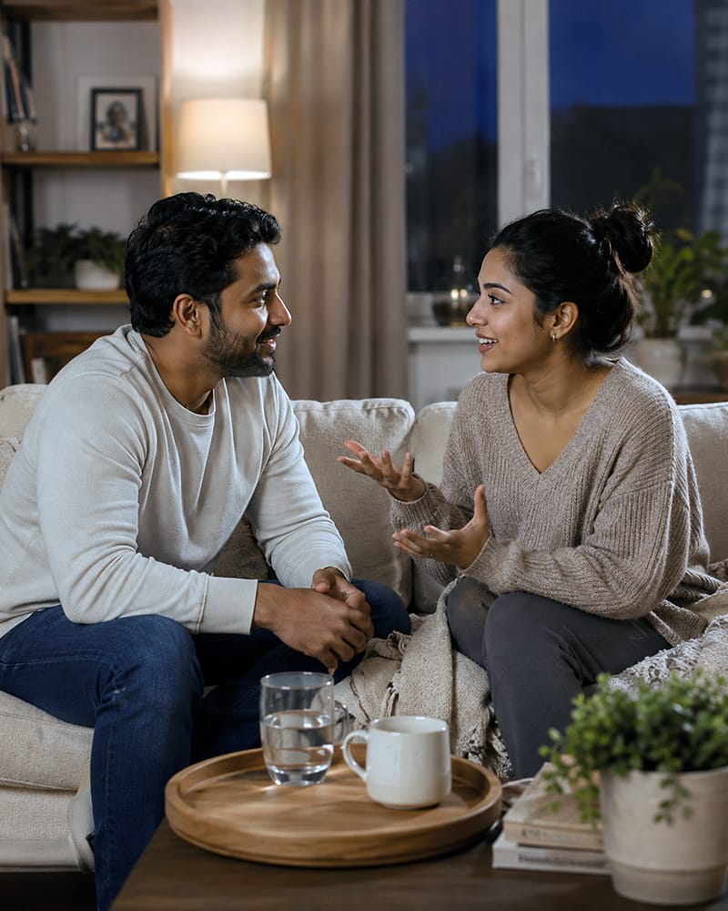 Married couple talking together on a sofa while reflecting on their relationship and connection.