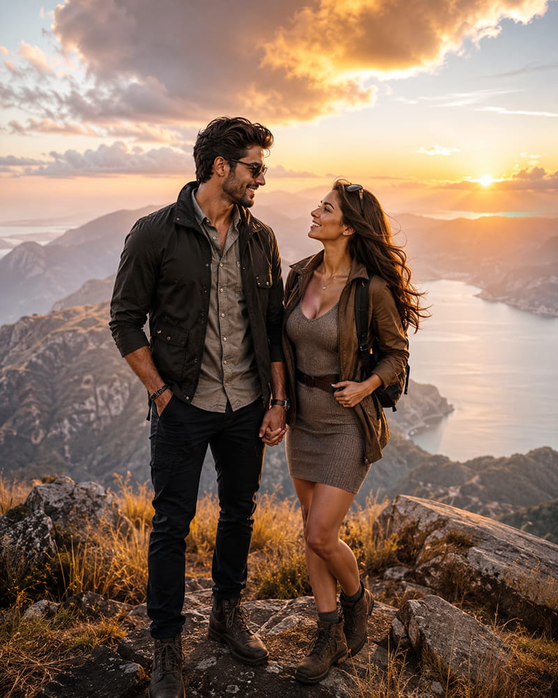 Handsome man and sexy beautiful woman in stylish outdoor outfits sharing a romantic moment at a scenic mountain overlook.