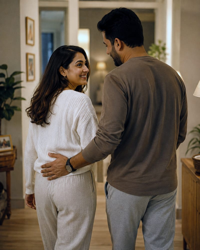 Married couple sharing a simple affectionate moment at home that shows everyday connection.