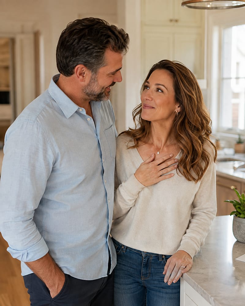 Husband giving his wife a sincere specific compliment while she smiles warmly