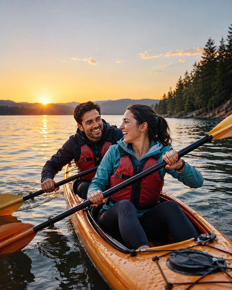 Couple enjoying a romantic sunset kayaking date on a calm lake