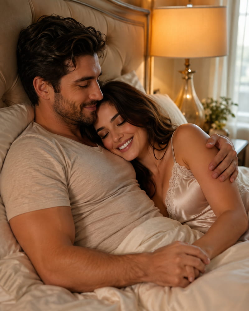 Couple cuddling peacefully together after intimacy in a softly lit bedroom