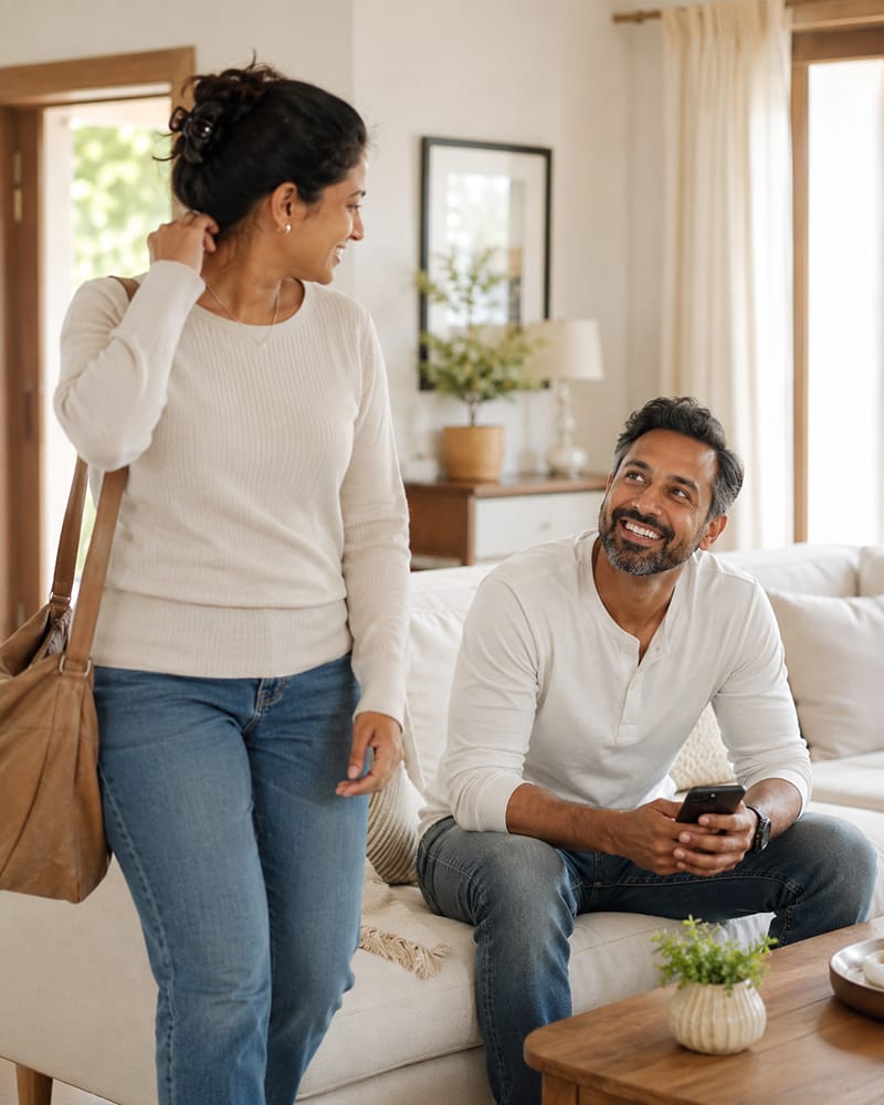 Husband spontaneously complimenting his wife before she asks how she looks