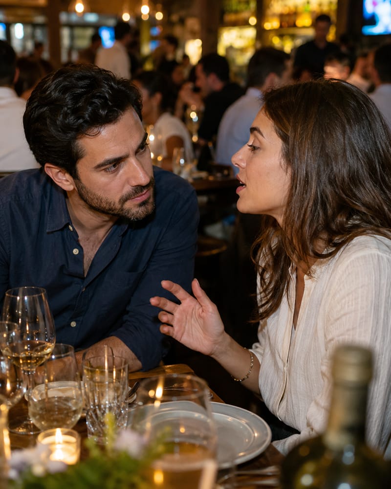 Man watching a woman's mouth while listening in a noisy restaurant