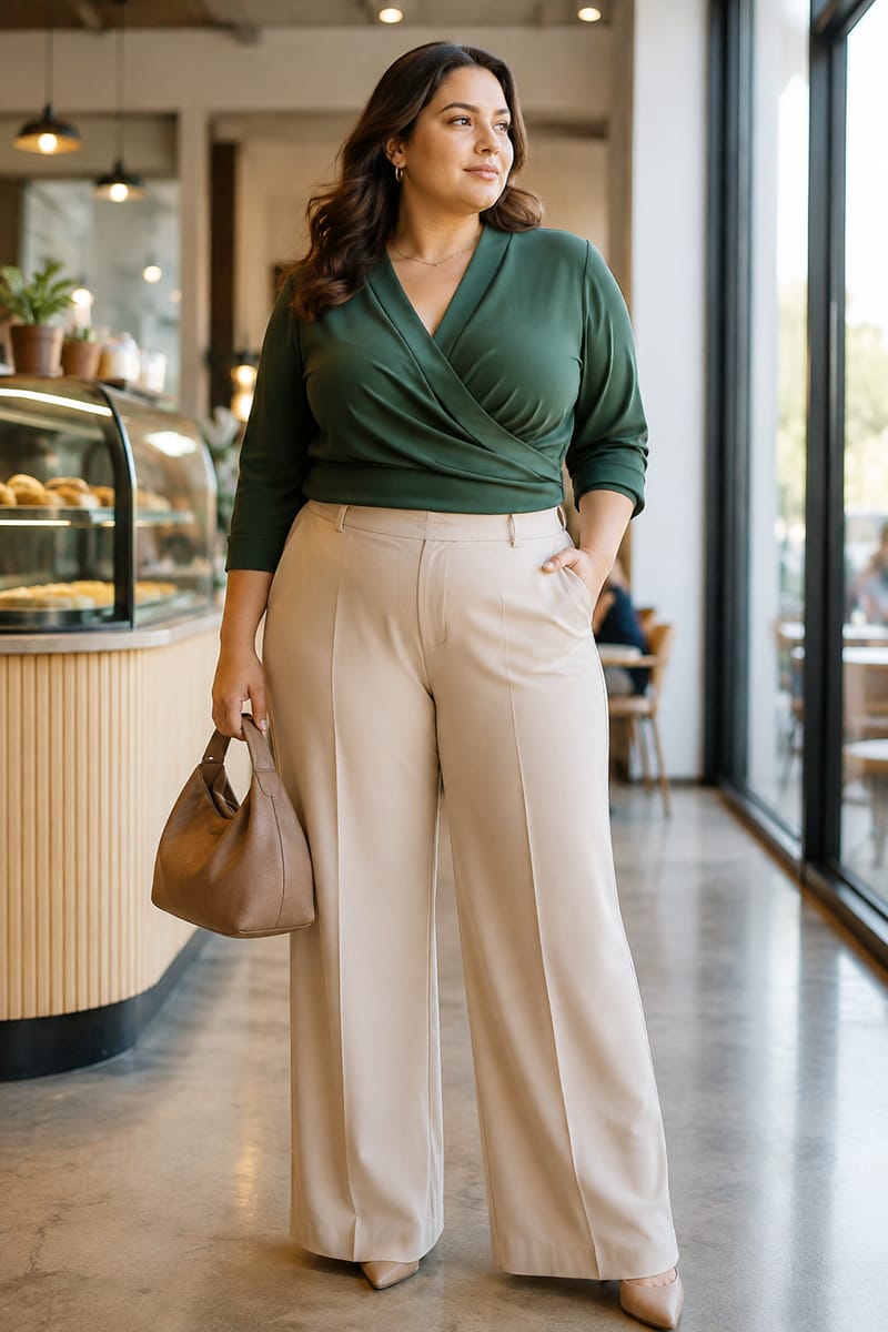 Confident adult woman with a natural pear body shape wearing stylish modern clothing