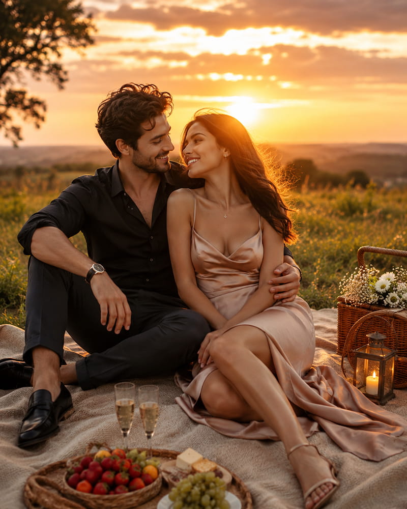 Handsome man and sexy beautiful woman in elegant date-night outfits enjoying a romantic sunset picnic outdoors.
