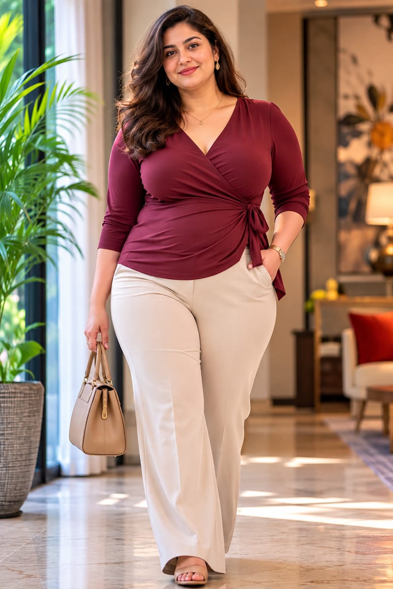 Confident adult woman with a natural apple body shape wearing elegant modern clothing
