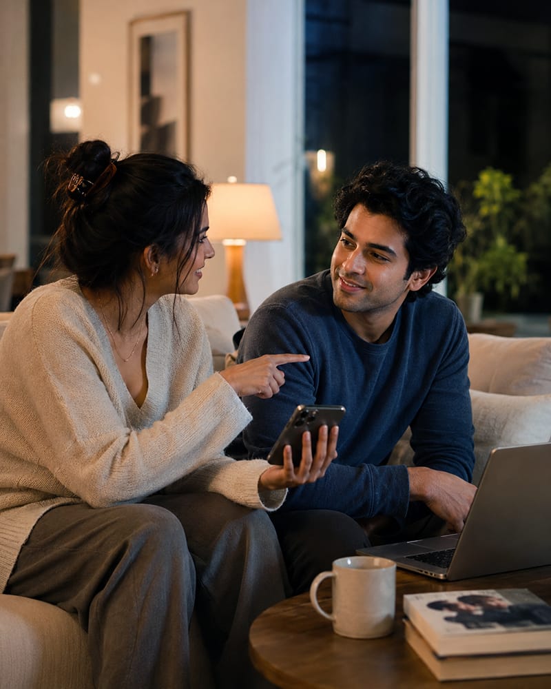 Husband turning toward his wife during an everyday conversation and giving her his full attention.