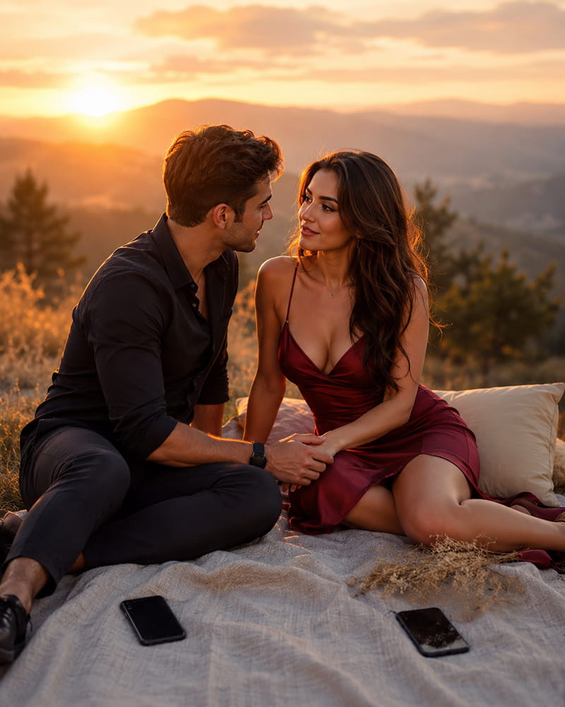 Handsome man and beautiful sexy woman in elegant outfits making eye contact during a romantic outdoor date with their phones put away.