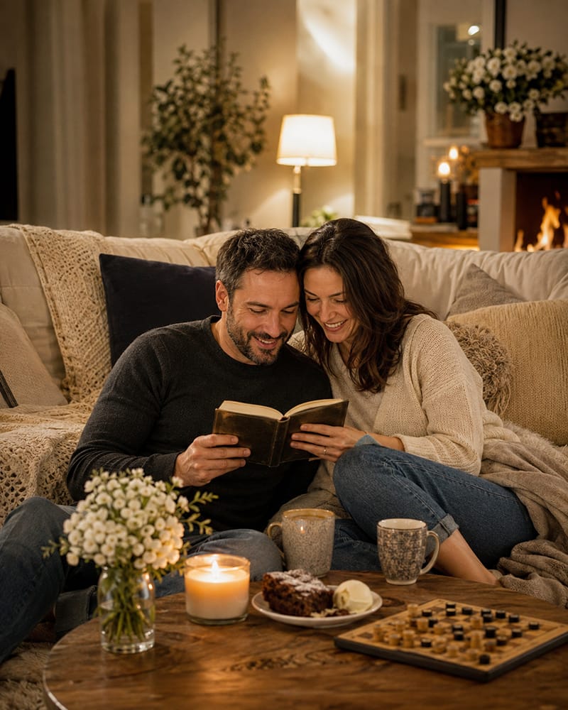 Married couple enjoying a cozy candlelit date night at home together