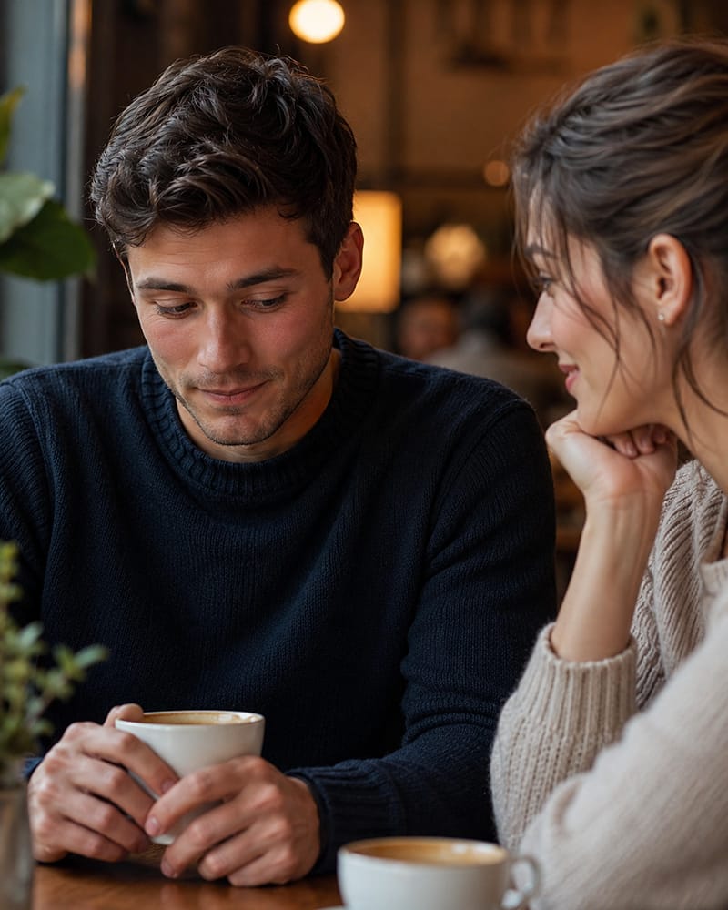 Shy man nervously looking at woman's lips during a date