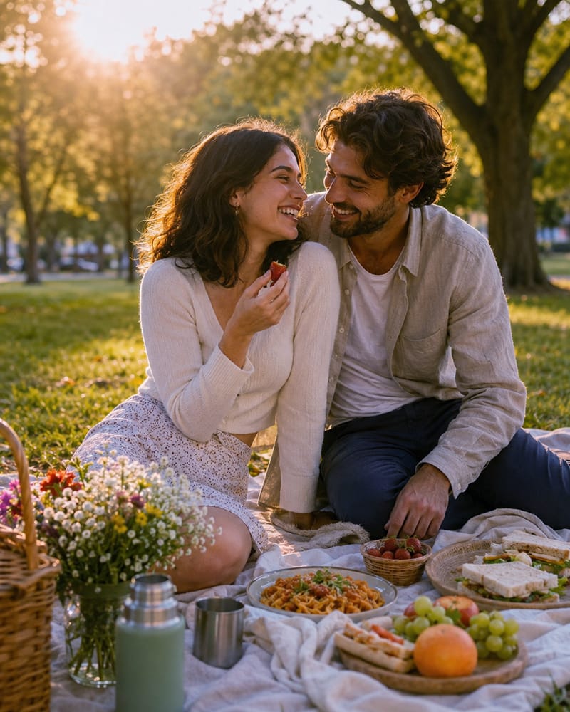 Couple enjoying a romantic affordable picnic date together at sunset in a park