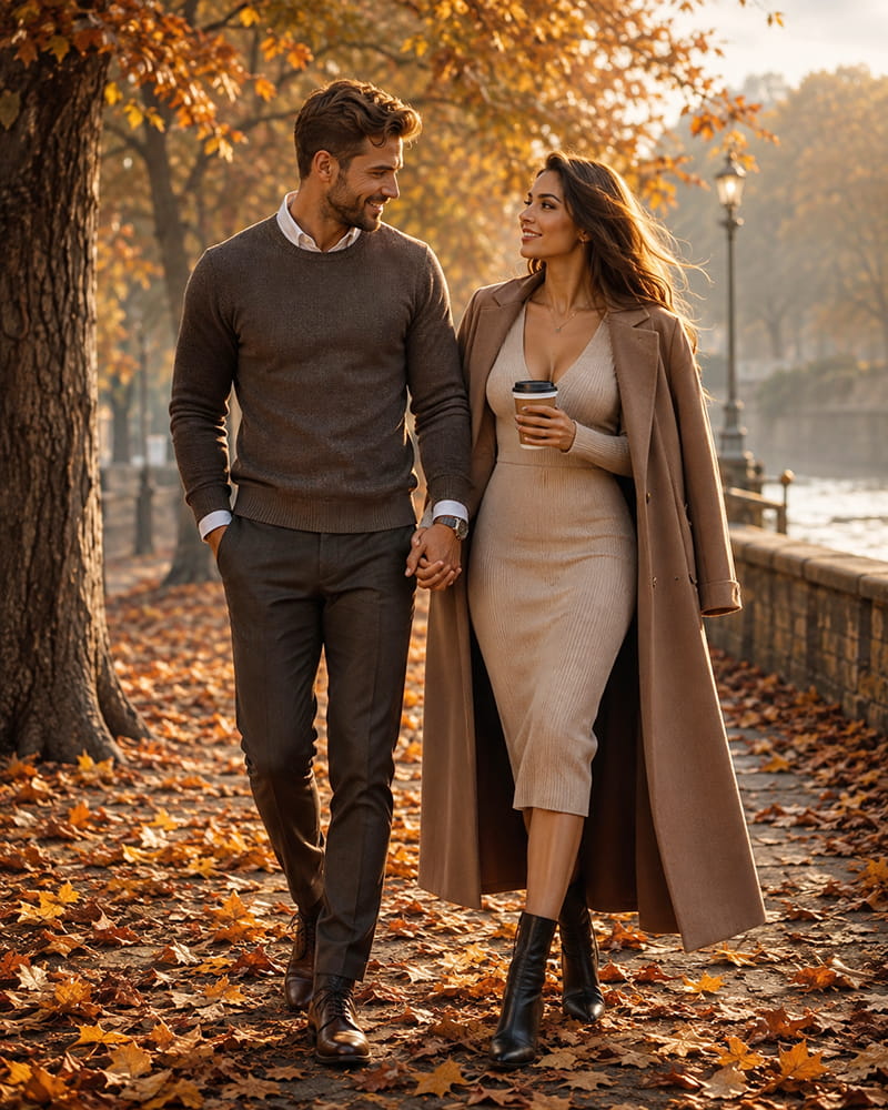 Handsome man and sexy beautiful woman in stylish outfits holding hands during a romantic autumn walk outdoors.