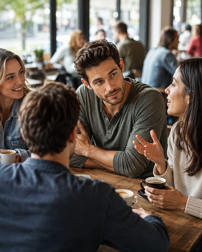 Man naturally watching different people's mouths during a group conversation