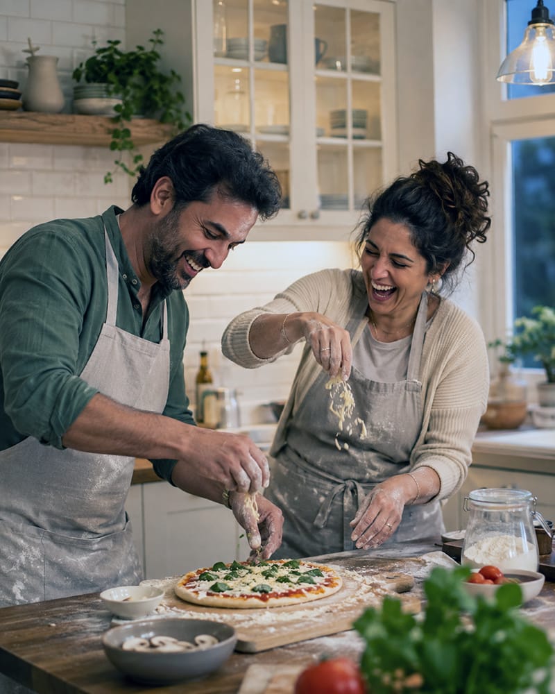 Long-married couple enjoying a new shared activity together and laughing at home.