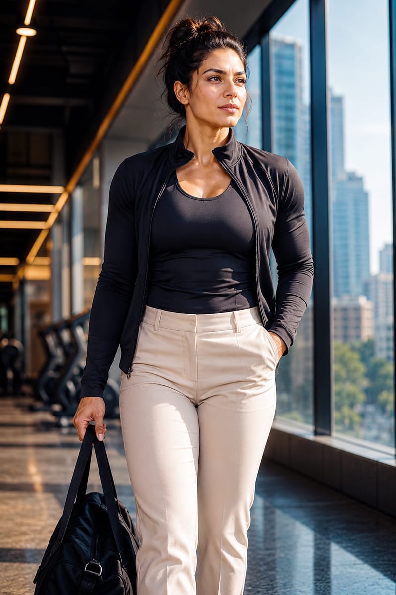 Athletic adult woman with an inverted triangle body shape showing natural confidence