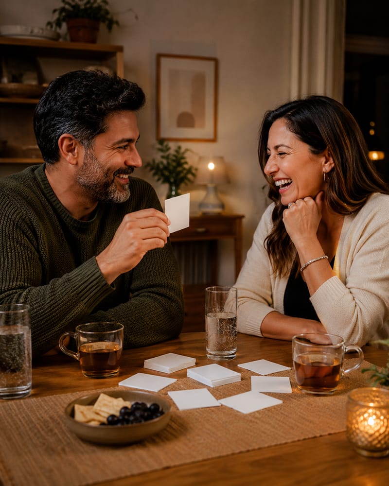 Couple laughing and playing a conversation game during date night