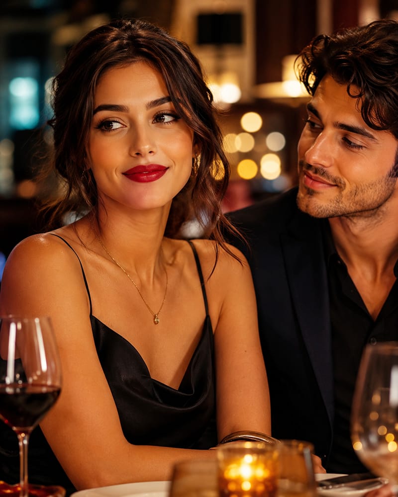 Woman wearing lipstick while a man notices her smile during conversation