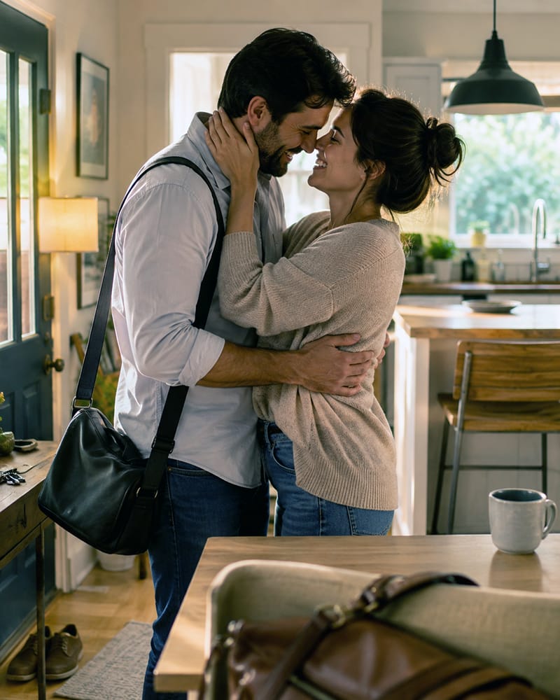 Married couple reconnecting at home in the evening after sharing a warm moment during the day.