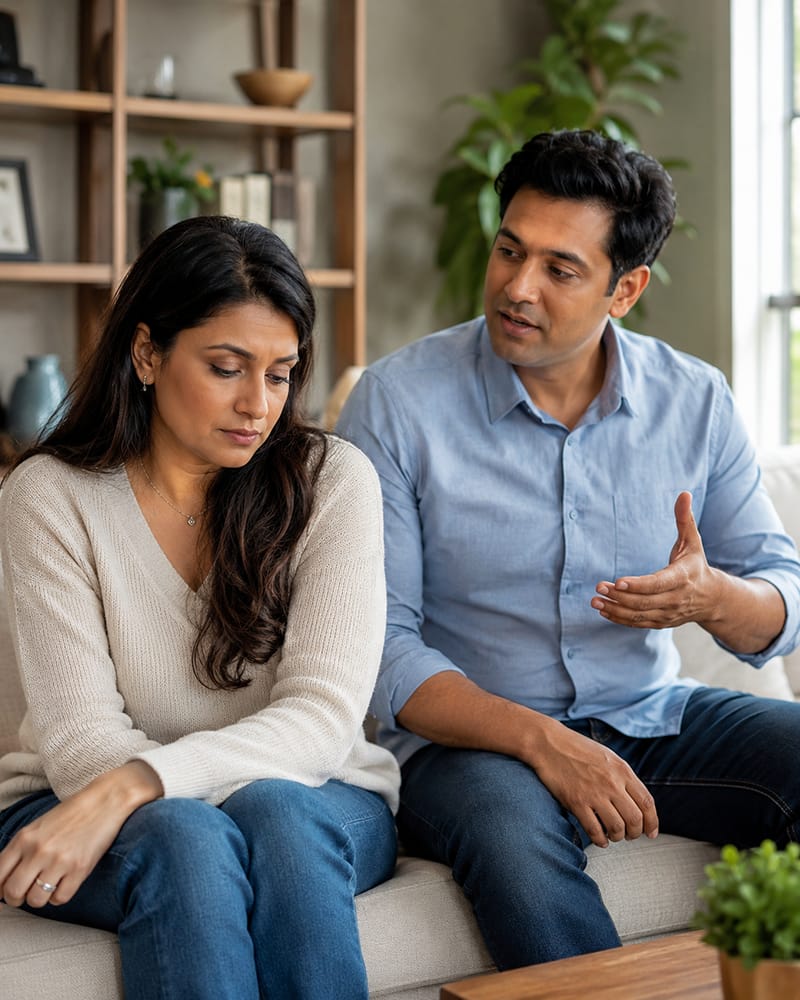 Wife looking uncomfortable after hearing a hurtful comparison from her husband