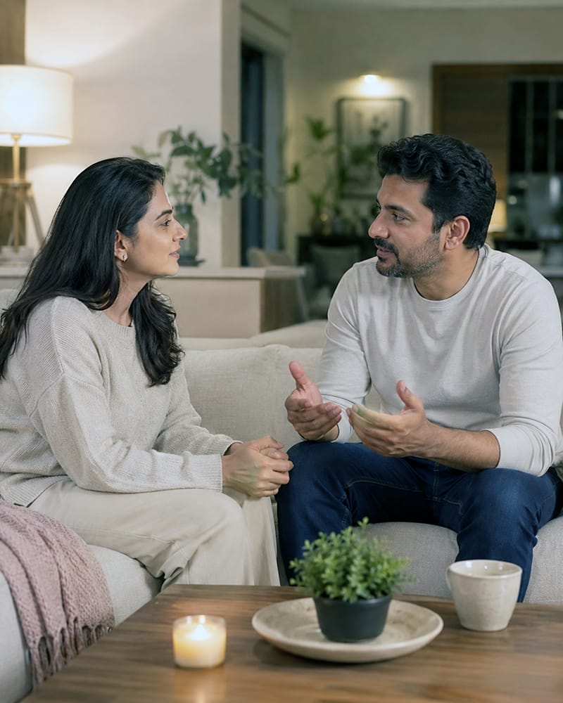 Married couple having a calm conversation about different needs and comfort levels in their relationship.