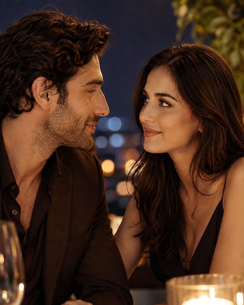 Couple sharing warm sustained eye contact and romantic connection