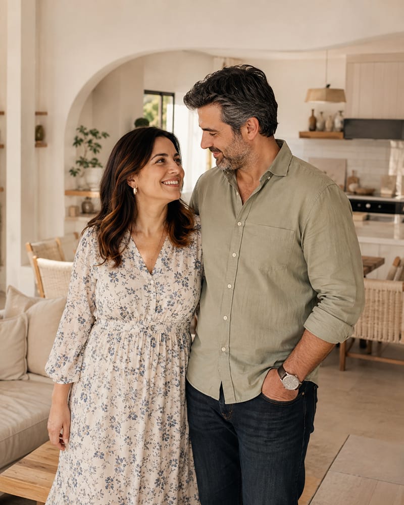 Husband appreciating his wife's natural beauty and body confidence in a loving marriage