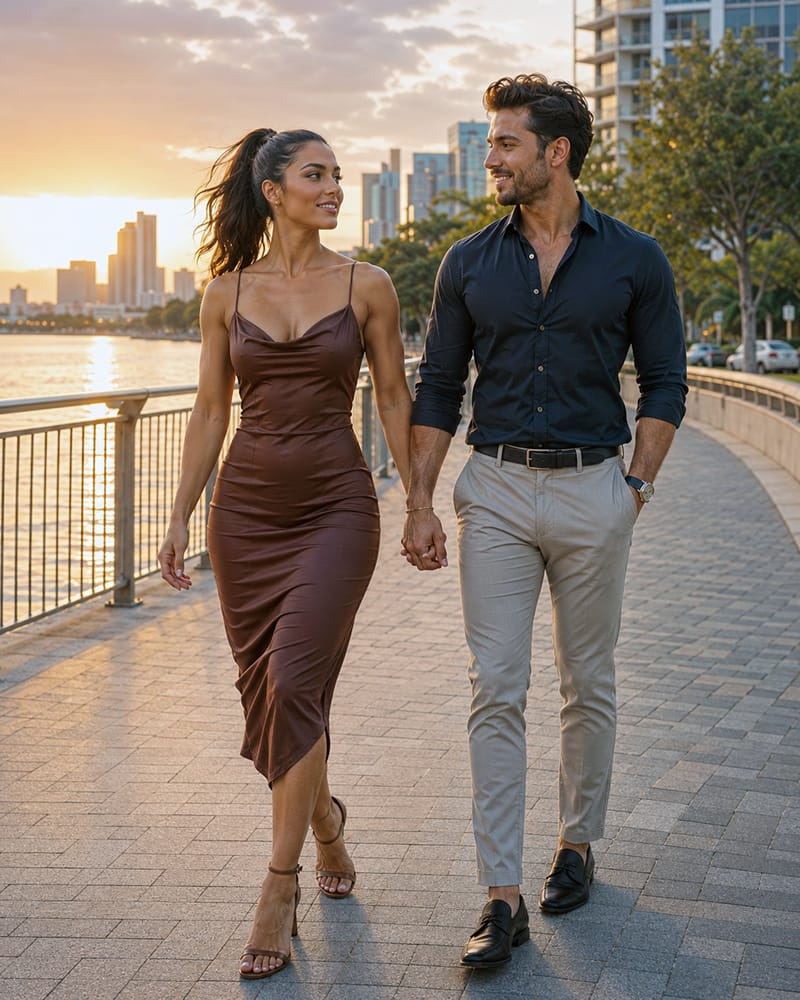 Beautiful confident rectangle-body-shapped woman in a fitted dress standing close to a handsome man outside an elegant restaurant.
