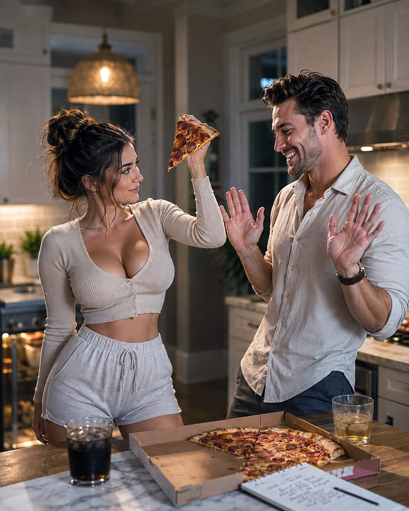 Attractive adult couple playfully laughing over a humorous pizza-related romantic punishment in a warm modern kitchen.
