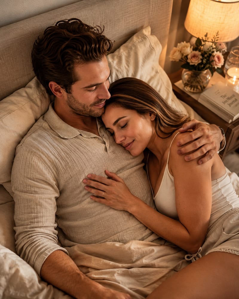 Woman resting her head on her partner’s chest during a warm and affectionate evening together.