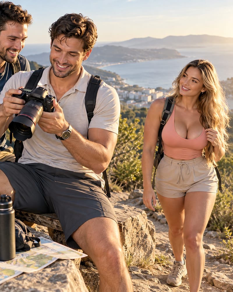 Confident young man enjoying an active outdoor hobby and friendships while an attractive woman observes him with genuine interest, illustrating the appeal of a fulfilling independent life.