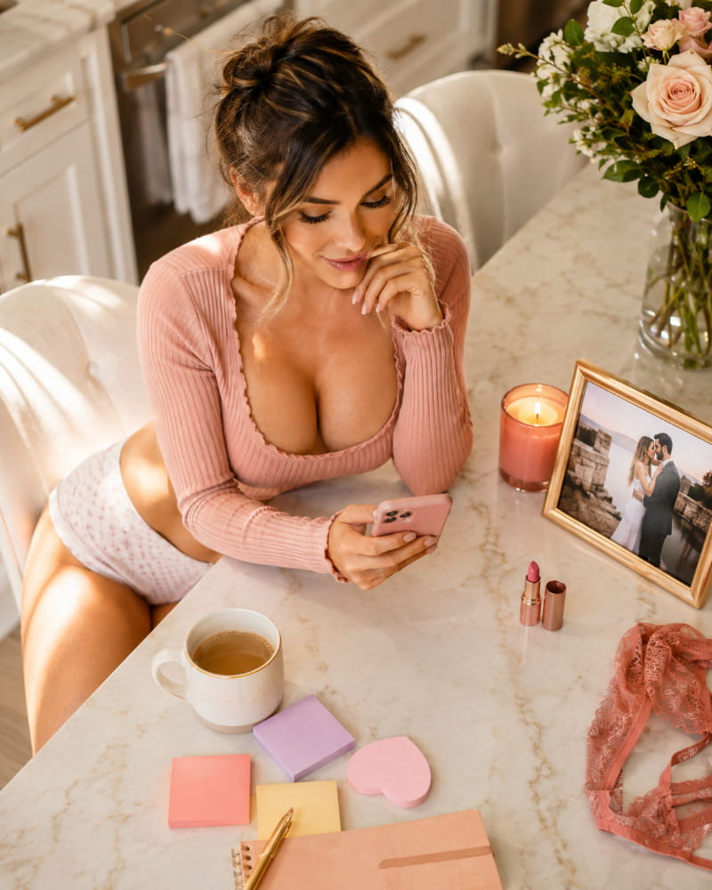 Woman choosing among playful, romantic, teasing, and confident text ideas to send her husband