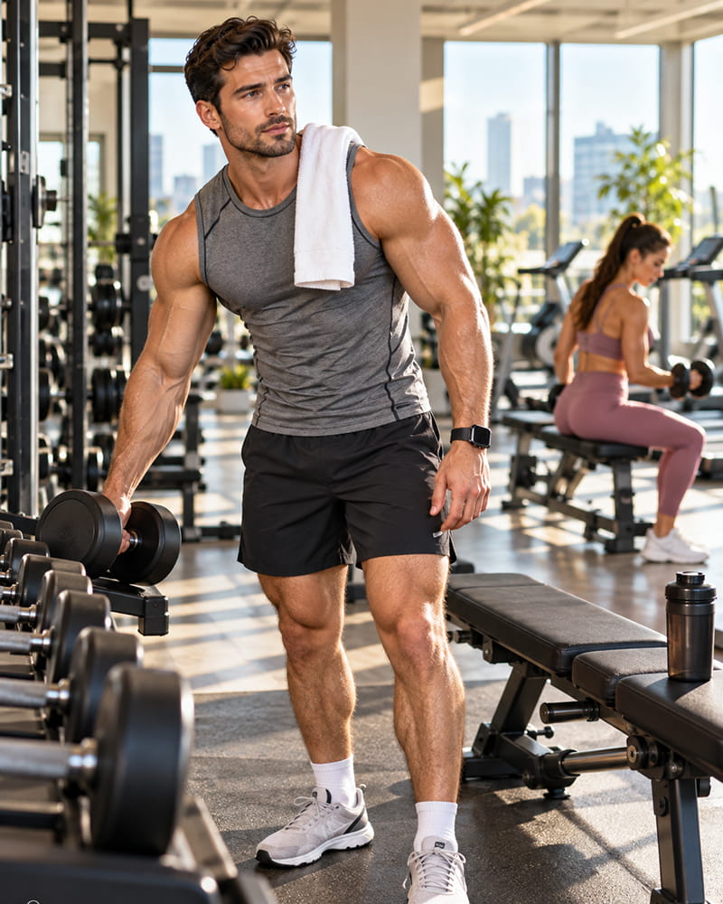 Fit handsome American man finishing a realistic strength workout in a bright modern gym, demonstrating how consistent exercise supports confidence, energy, resilience, and grounded physical presence.