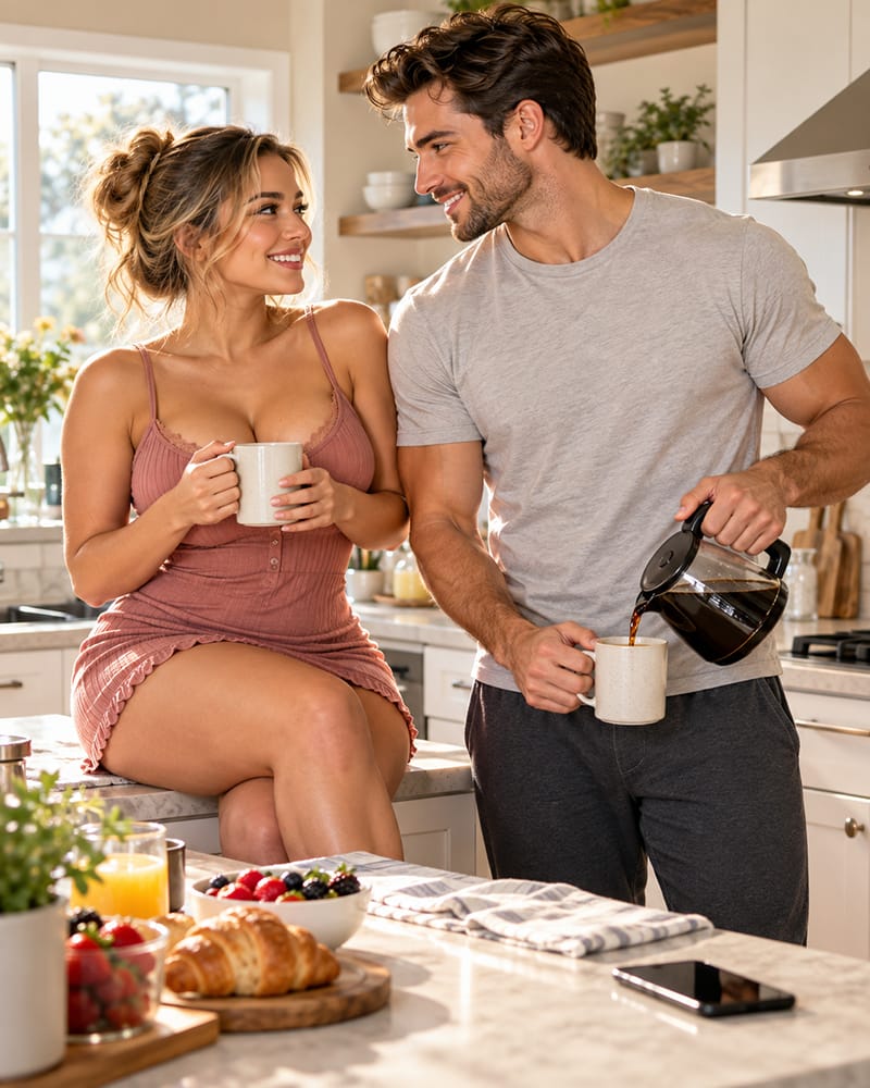 Loving American couple sharing coffee and an affectionate conversation in their kitchen as the handsome man gives his partner full attention, illustrating everyday connection, gratitude, and dependable leadership in a long-term relationship.