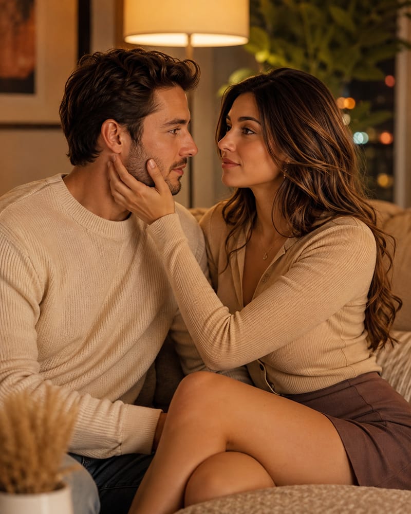 Woman gently cupping her partner’s cheek during an intimate and emotionally connected conversation.