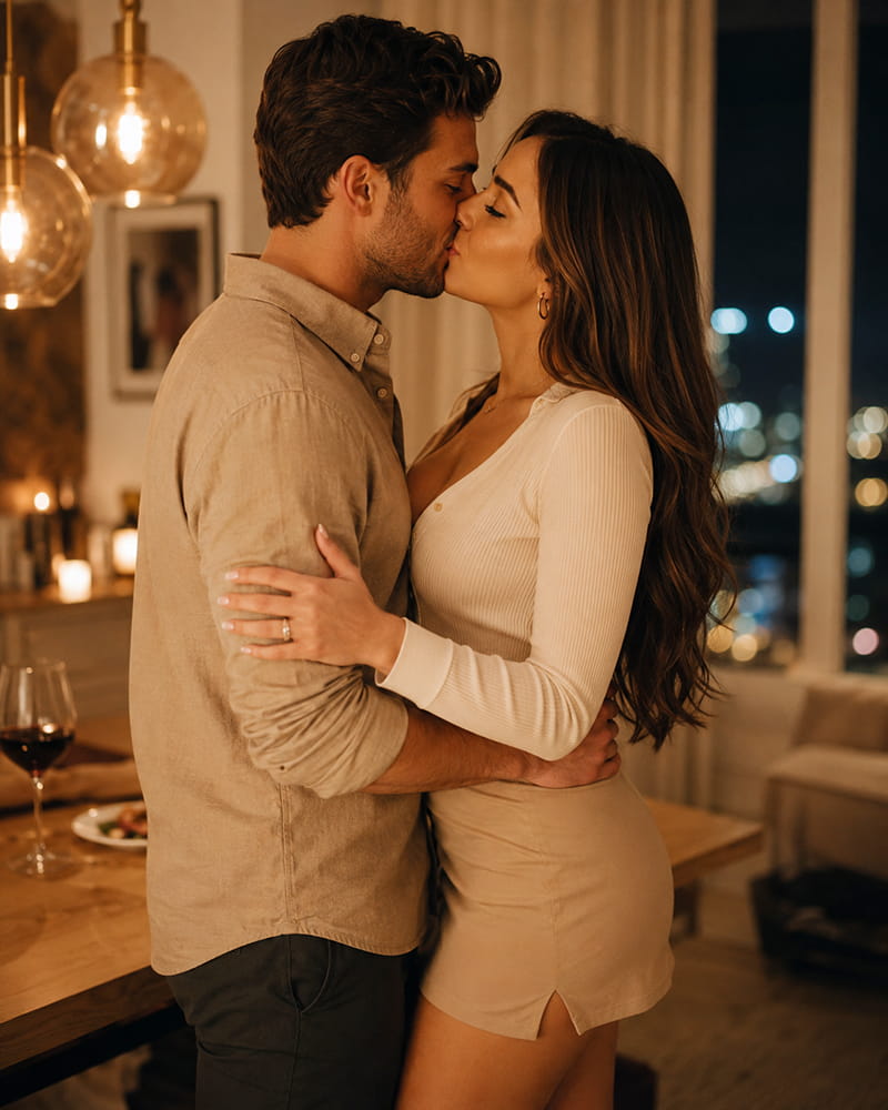 Adult couple sharing a gentle slow kiss in a warmly lit apartment.