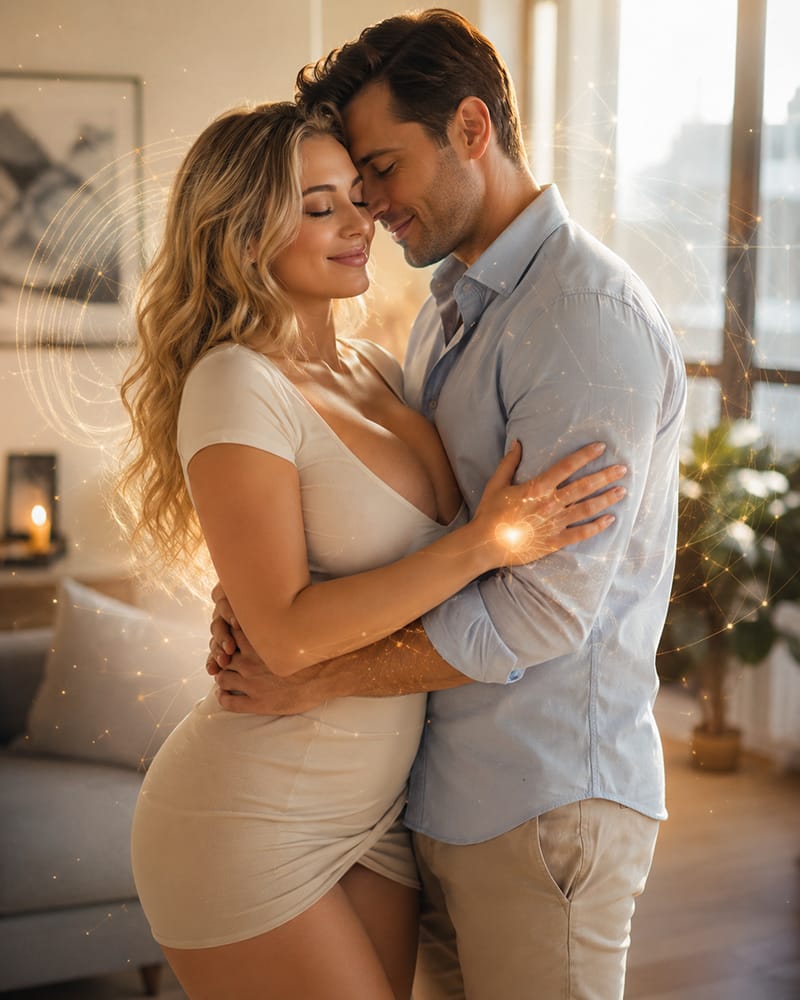 Couple embracing in a warm home with subtle glowing visual elements symbolizing the science of physical touch and connection.