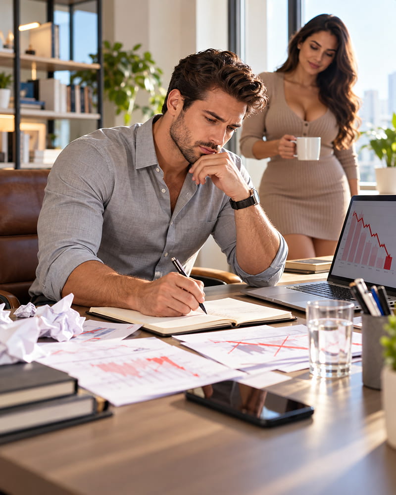 Handsome American man calmly revising a failed work plan at his desk instead of reacting in anger, illustrating alpha-male resilience, emotional control, learning, and a growth mindset after setbacks.