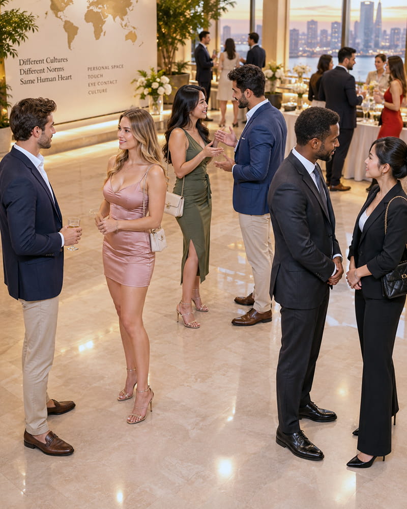 International adults displaying different conversational distances and gestures to illustrate cultural variation in body language.