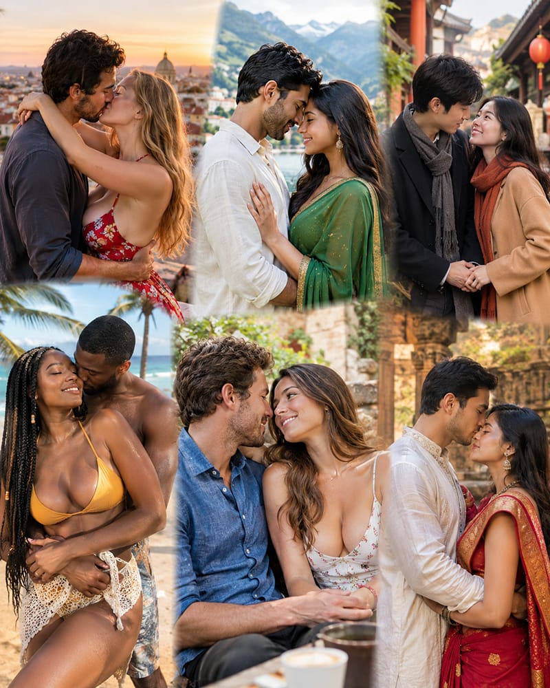 Diverse adult couples from different cultural backgrounds expressing affection in different ways, representing how romantic kissing varies across cultures.