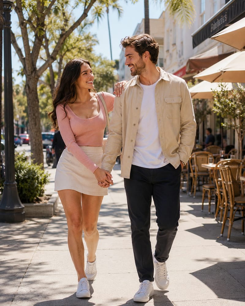 Happy adult couple holding hands and sharing affectionate everyday touch during a sunny walk.