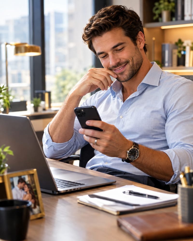 Husband smiling discreetly at a playful message from his wife while working at the office
