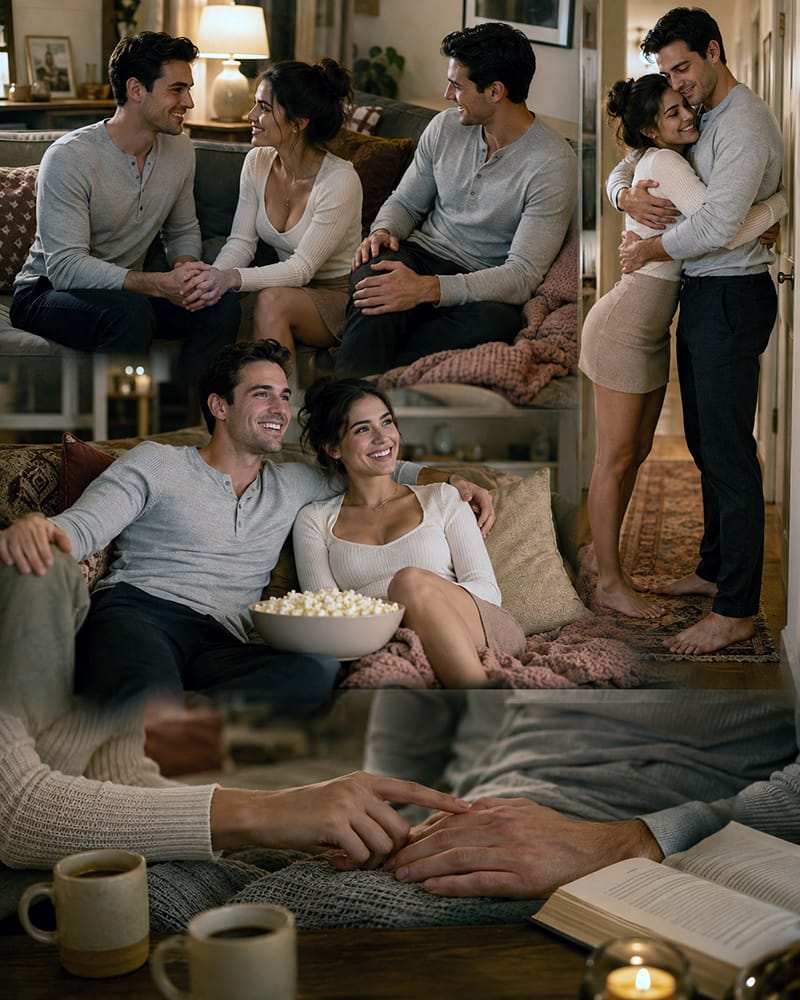 Couple sharing several simple affectionate touches during a cozy evening at home.