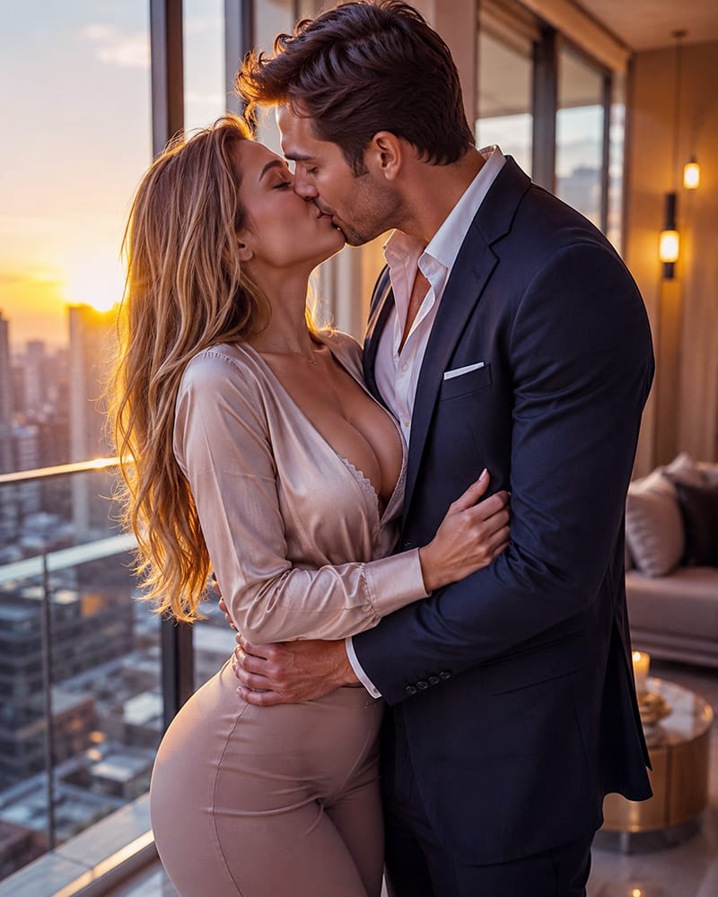 Attractive adult couple sharing a slow affectionate kiss in warm golden-hour light.