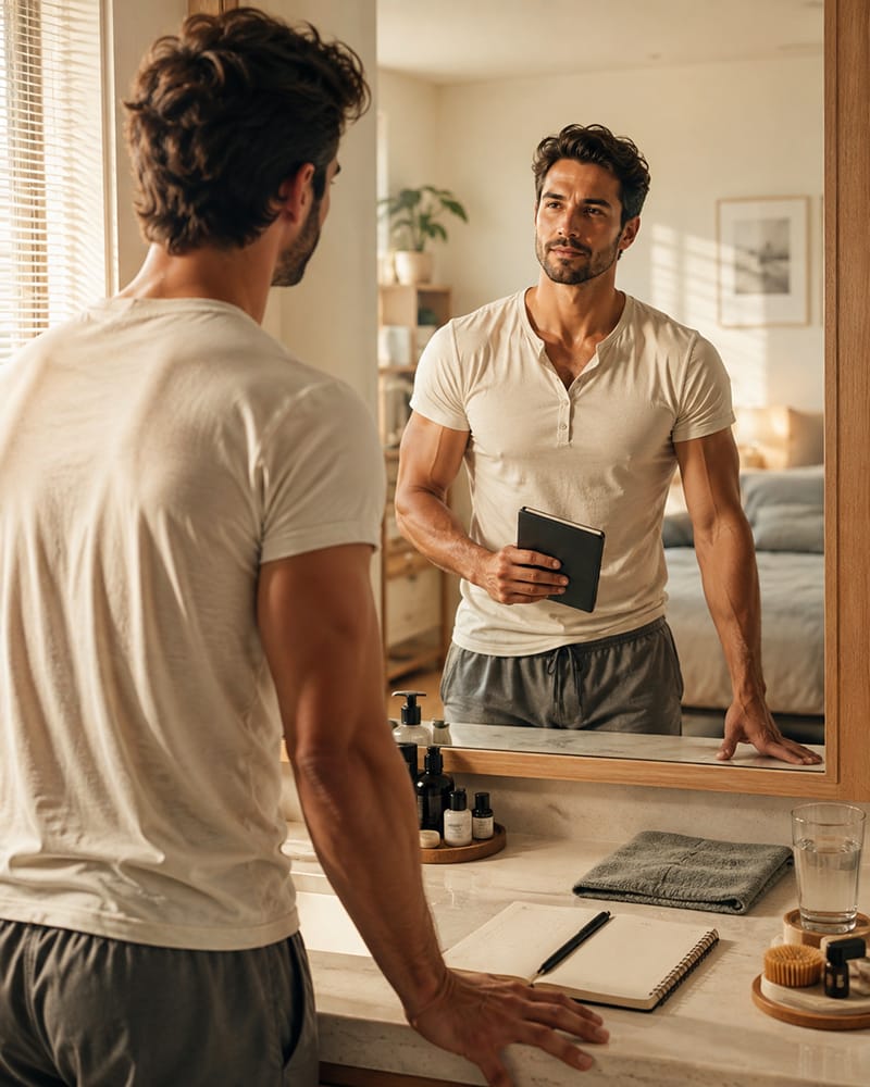 Thoughtful adult man looking at his reflection in a bright modern apartment, representing self-awareness, personal growth, and the willingness to change unhealthy relationship habits.
