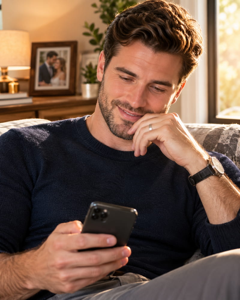 Husband smiling and thoughtfully responding to a playful text message from his wife