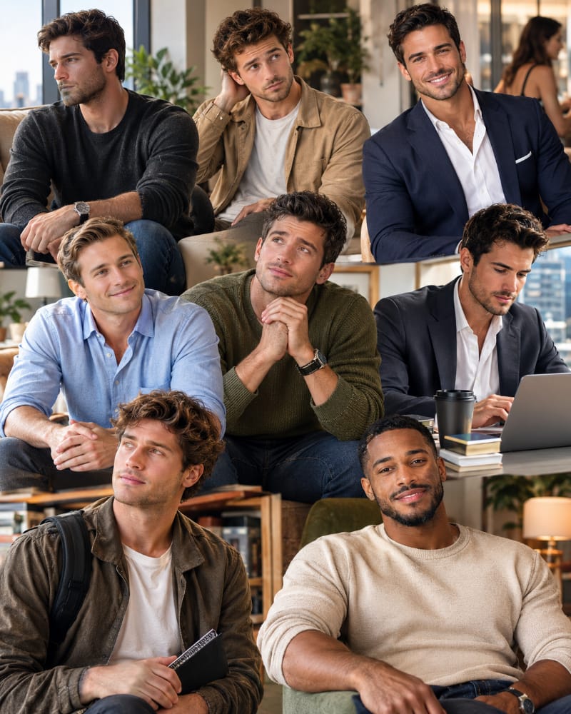 Nine attractive men represented through different body language and relationship personalities.