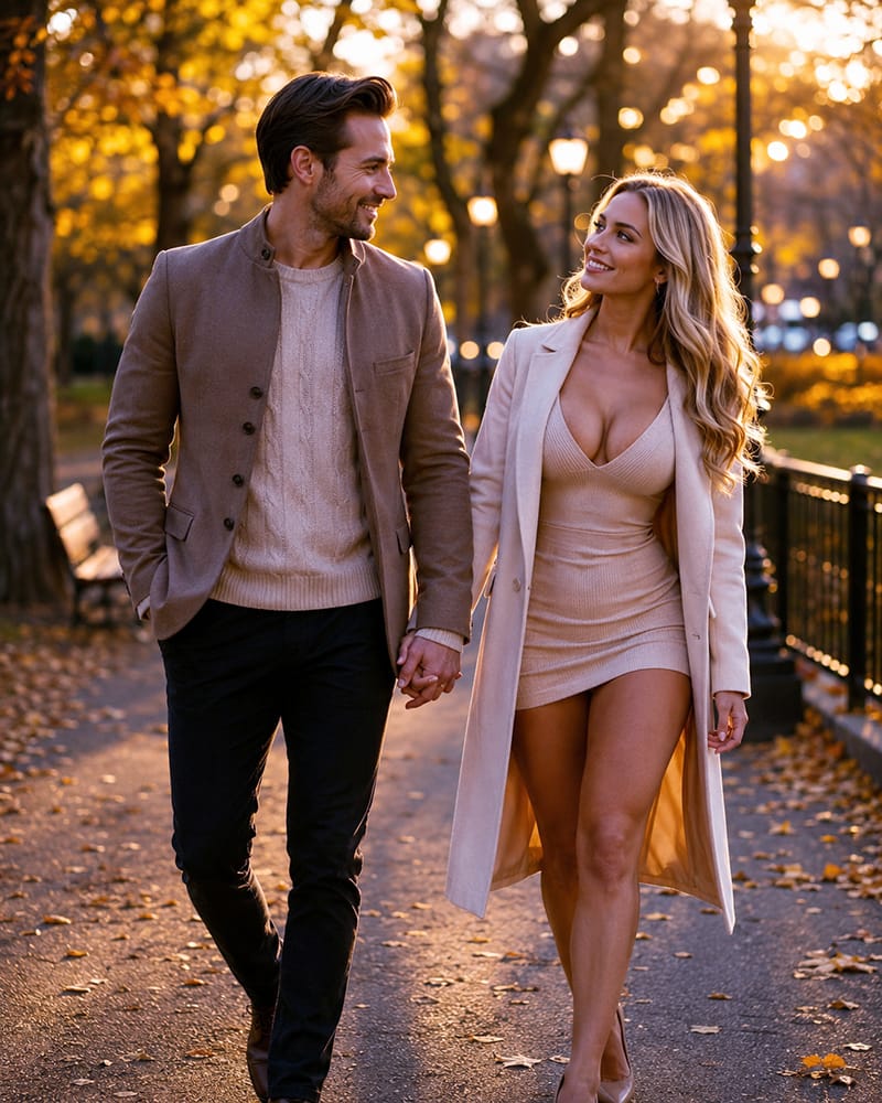 Long-term couple walking hand-in-hand in warm evening light, representing evolving intimacy.