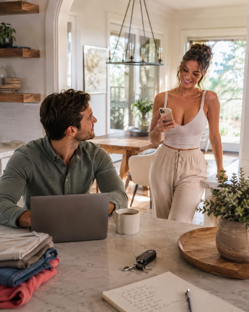 Married couple staying emotionally connected through a simple affectionate text during daily life